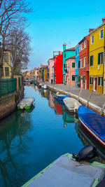Boats moored in canal by buildings against sky