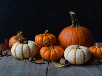 Close-up of pumpkins on table during autumn