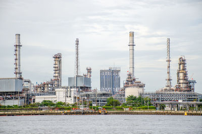 Factory by sea against sky