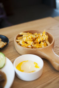 High angle view of breakfast on table