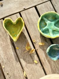 High angle view of pottery on table