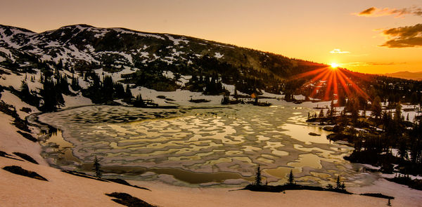 Scenic view of snowcapped mountains against sky during sunset