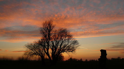 Silhouette trees on field against romantic sky at sunset