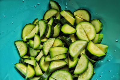 High angle view of chopped vegetables in bowl on table