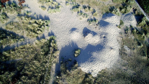 High angle view of snow covered land