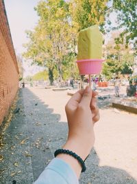 Midsection of person holding ice cream cone against trees