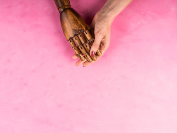 High angle view of hand holding leaf against pink background