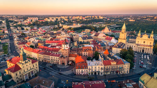 High angle view of cityscape against sky