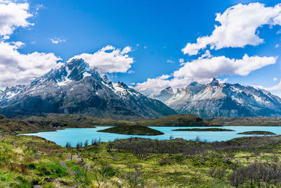 Scenic view of snowcapped mountains against sky during winter