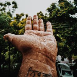 Close-up of human hand against tree