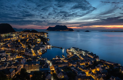 Aerial view of sea and buildings against sky at sunset