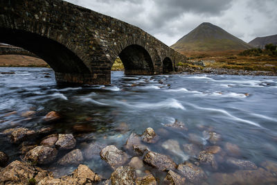 View of stream in water against cloudy sky