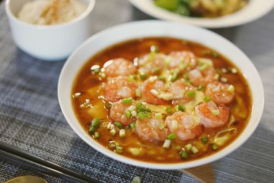 High angle view of soup in bowl on table