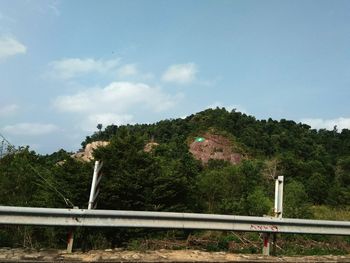 Trees growing by railroad track against sky