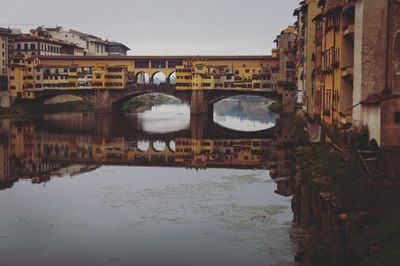 Bridge over river in city against clear sky