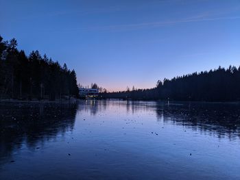 Scenic view of lake against clear blue sky