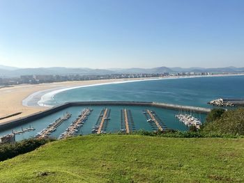 Scenic view of bay against clear sky