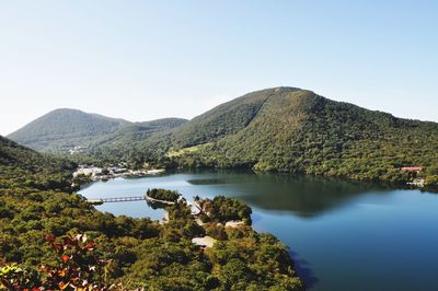 Scenic view of lake and mountains against clear sky