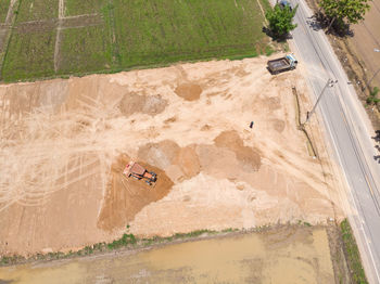 High angle view of people on road