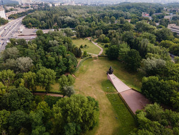 High angle view of road amidst trees in city