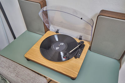 High angle view of piano on table