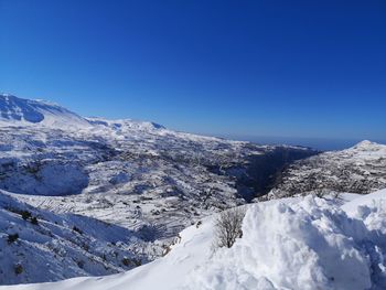 Snowcapped mountains against clear blue sky