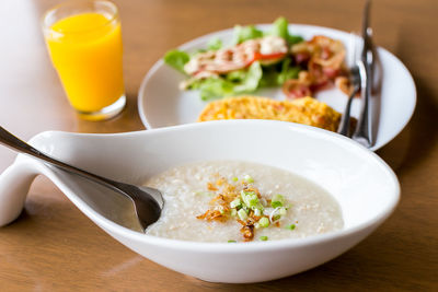 Close-up of breakfast served on table