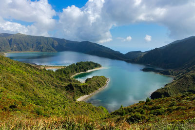 Scenic view of lake and mountains against sky