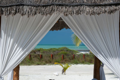 An elegant wooden gazebo with decorative curtains on a tropical beach in holbox, mexico. 