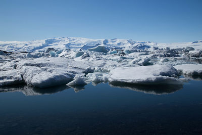 Scenic view of frozen lake against clear blue sky