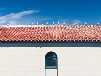 Low angle view of building roof against sky