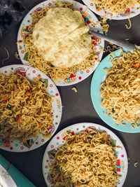 High angle view of food served on table