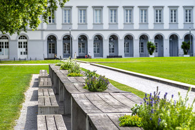 Benches and tables with flowers arranged in a row in the park, in the background a large building.