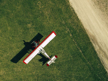 High angle view of information sign on field