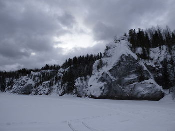 Scenic view of snow covered mountains against sky