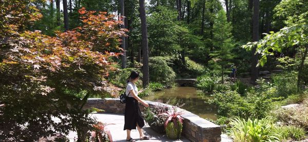 Woman sitting by plants in forest