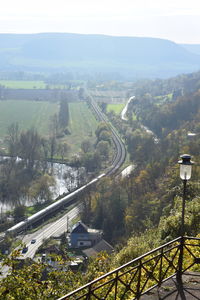 High angle view of winding road against sky