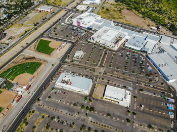 High angle view of street amidst buildings in city