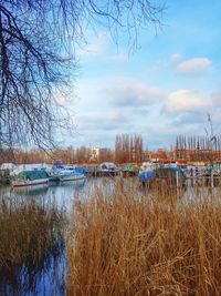 Boats in calm lake