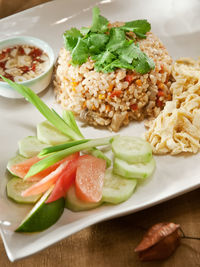 High angle view of food served in plate