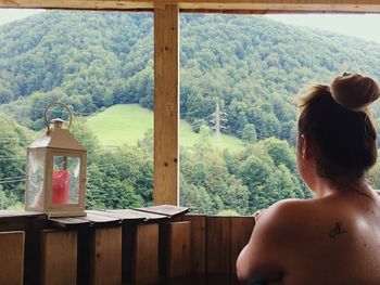 Rear view of topless young woman looking at mountain through glass window