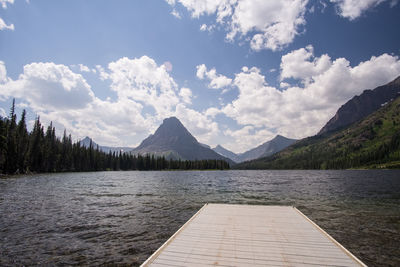 Scenic view of lake by mountains against sky