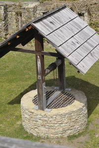 High angle view of wooden table on field