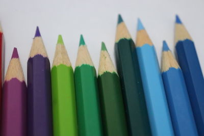 Close-up of colored pencils against white background