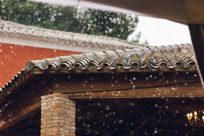 Low angle view of wet window of building