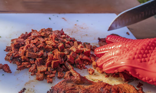 High angle view of chopped in plate on table