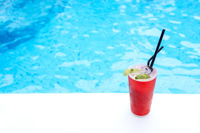 Close-up of drink in swimming pool