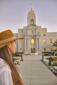 Young tourists exploring temple of the church of jesus christ of latter-day saints, lds church