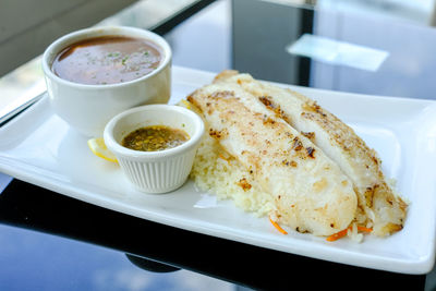 High angle view of meal served in plate