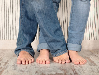 Low section of father and son standing on floor